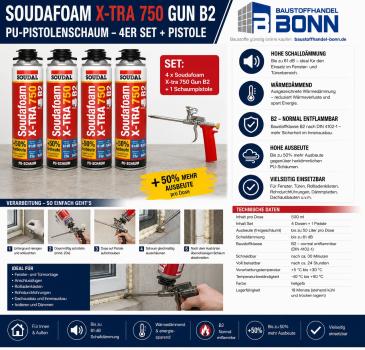 4 x Soudafoam X-tra 750 Gun B2 PU-Pistolenschaum á 500ml + Schaumpistole
