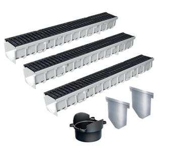 3 m Set MEAFLUID 1500 Grau Entwässerungsrinne inkl. Guss-Stegrost B 125 & Zubehör