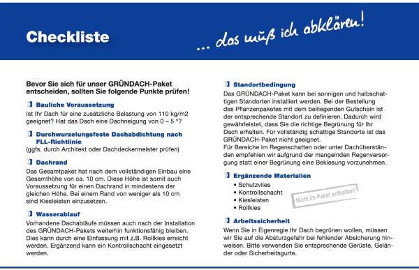 1 Gründachpaket Komlett Paket mit Zubehör für 10m² (mit Pflanzenmix)