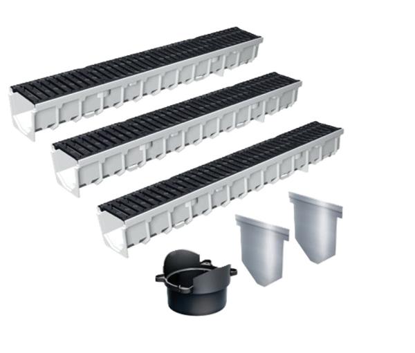 3 m Set MEAFLUID 1500 Grau Entwässerungsrinne inkl. Guss-Stegrost B 125 & Zubehör